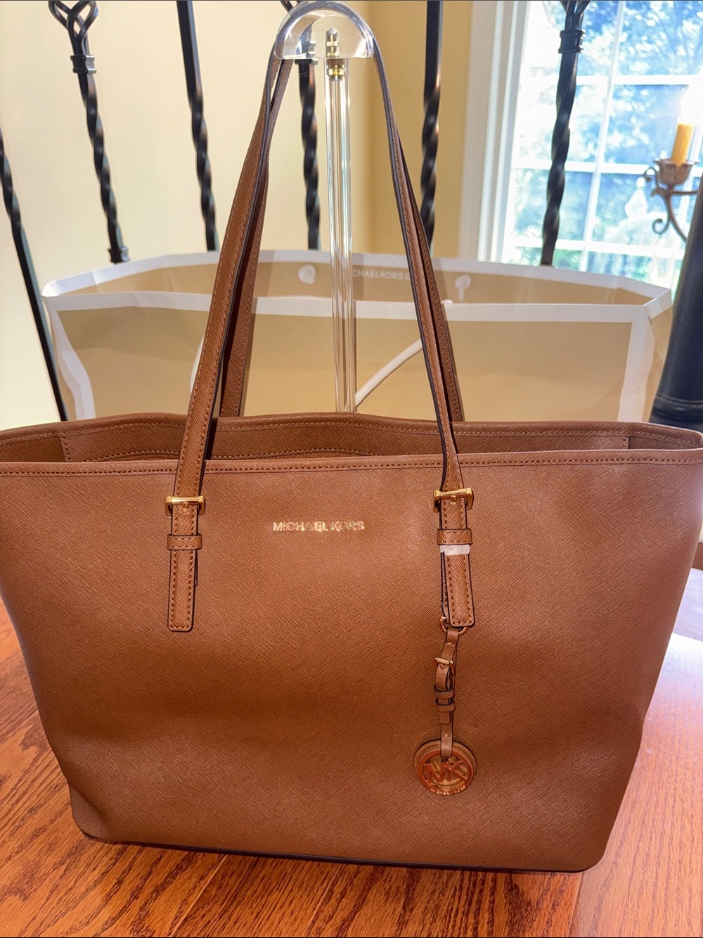 Michael Kors Brown Saffiano Tote with Gold Logo Charm
